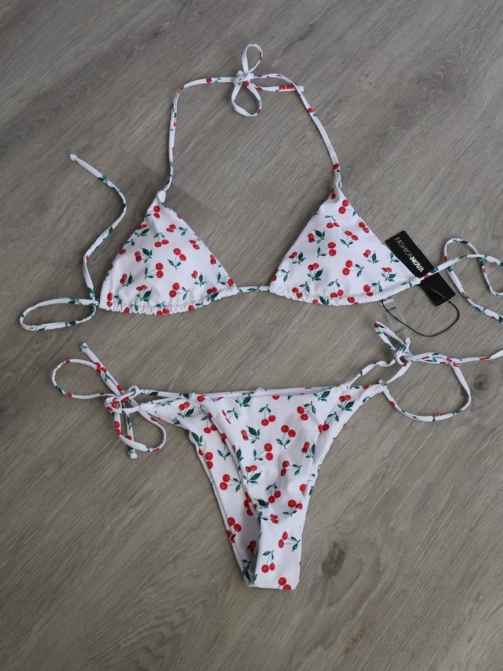 Fashion Nova Cherry 2‑Piece Bikini — White/Combo, Size M, NWT